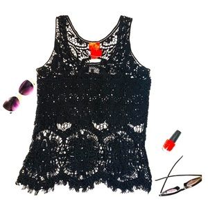 V Cristina Black Crochet Tank Top Cover Up - M